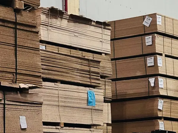 Stacks of brown board in a warehouse